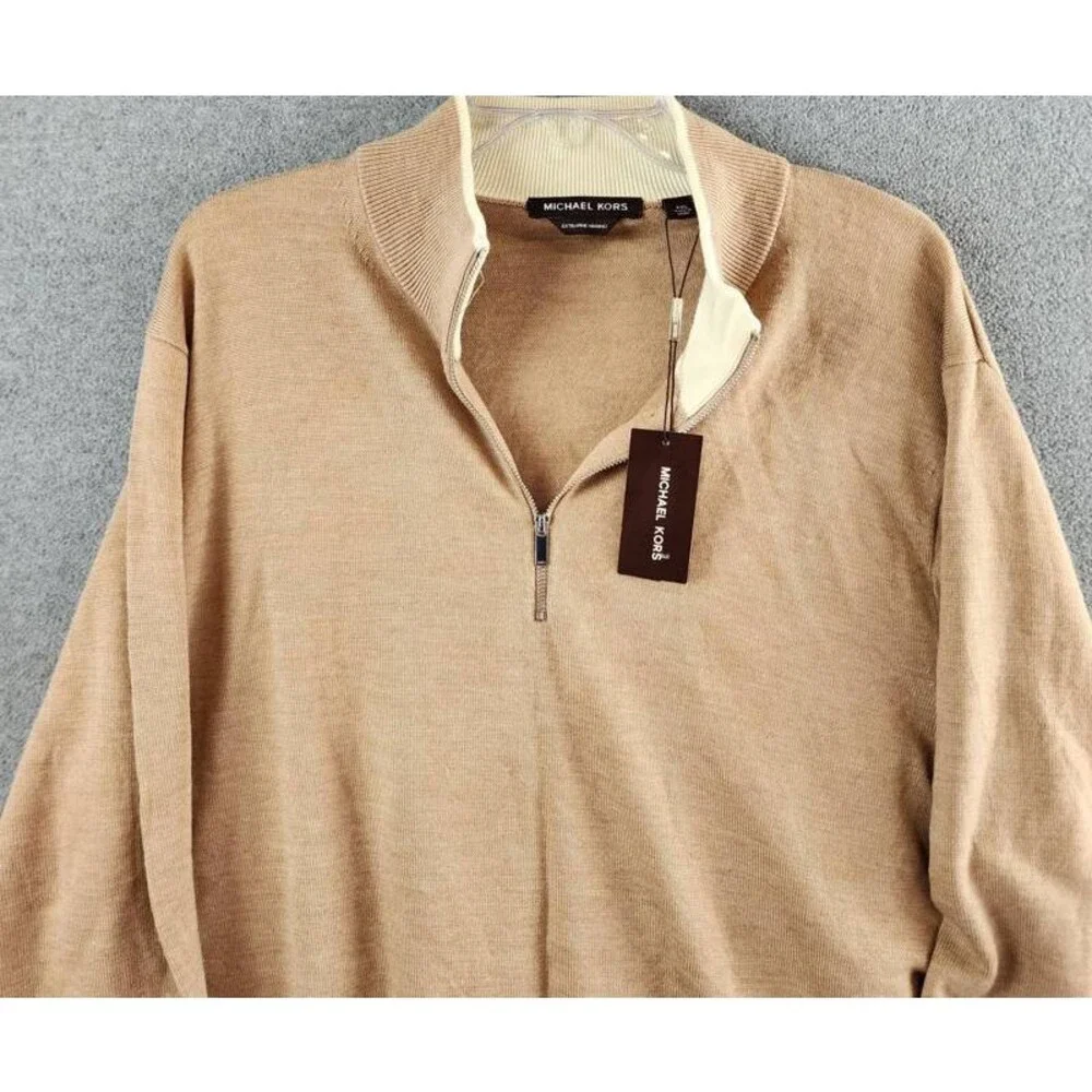 Michael Kors Modern-Fit Tipped 1/4-Zip Merino Wool Sweater Men's XXL Dark Camel